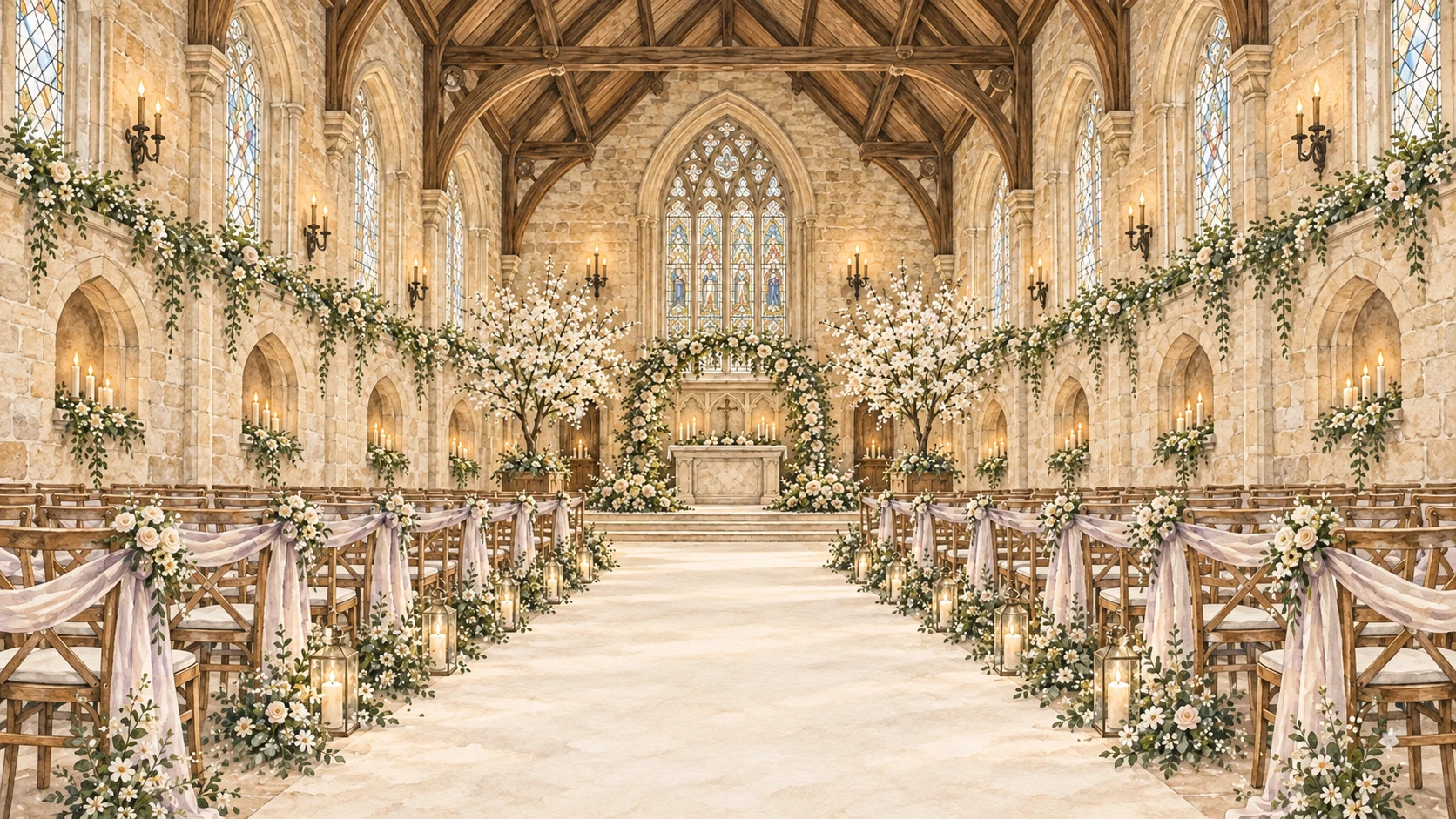 Watercolour interpretation of Rothley Court Chapel, with flowers and candles lining the wedding aisle